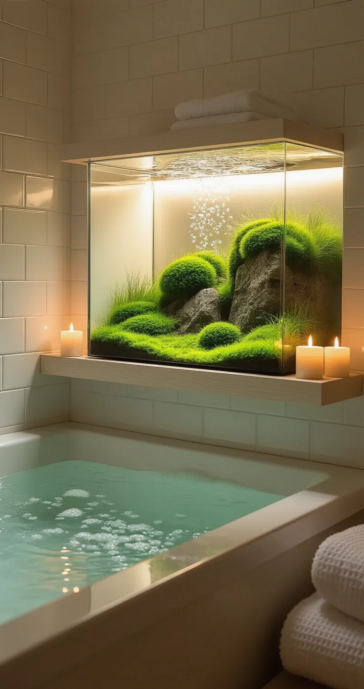 DIY Aquascape en Vijver: Zo Maak Je Thuis Een Pinterest-Waardig Waterparadijs A serene Dutch bathroom sanctuary featuring a glowing Iwagumi aquascape on a white oak shelf above a stone bathtub, with flickering candles and soft aquarium light illuminating the space.