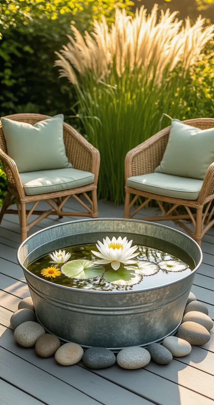 DIY Aquascape en Vijver: Zo Maak Je Thuis Een Pinterest-Waardig Waterparadijs A sunlit Dutch terrace scene featuring a rustic zinc washing tub mini pond with water lilies and marsh marigolds, surrounded by rattan chairs with sage green cushions, set against a backdrop of swaying ornamental grasses.
