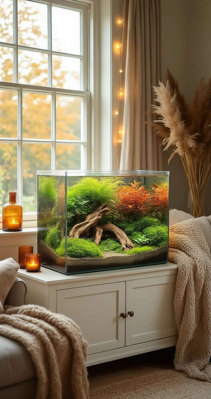 DIY Aquascape en Vijver: Zo Maak Je Thuis Een Pinterest-Waardig Waterparadijs A cozy Dutch autumn living room featuring a nature-style aquascape on a whitewashed sideboard, surrounded by pampas grass and amber candleholders, bathed in warm late afternoon light.