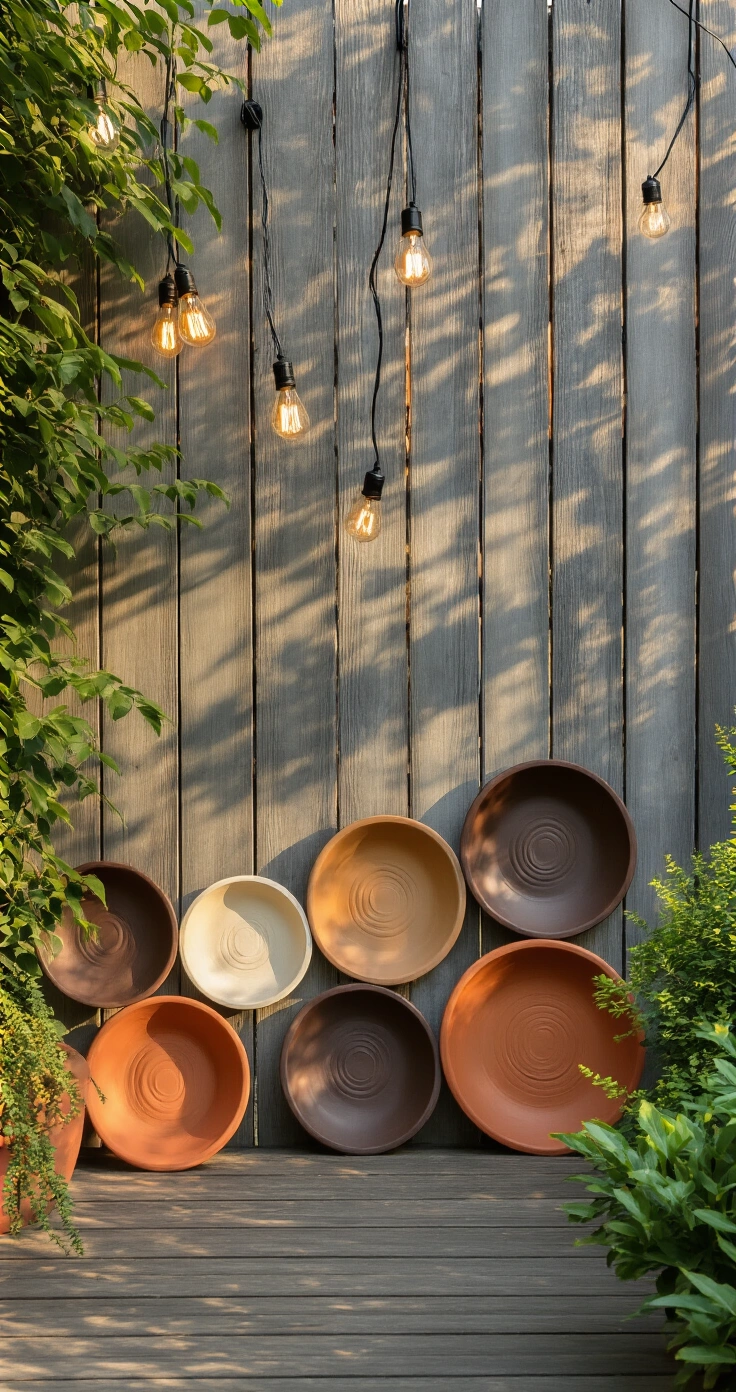 DIY Wanddecoratie Buiten: Maak Prachtige Terracotta Wandborden voor je Tuinmuur (Voor Nog Geen €40) A sunlit Dutch garden terrace featuring a clustered arrangement of seven handpainted terracotta saucers with warm colors and abstract leaf motifs, draped with Edison bulb string lights, against a weathered grey wooden fence, captured at golden hour with a shallow depth of field.