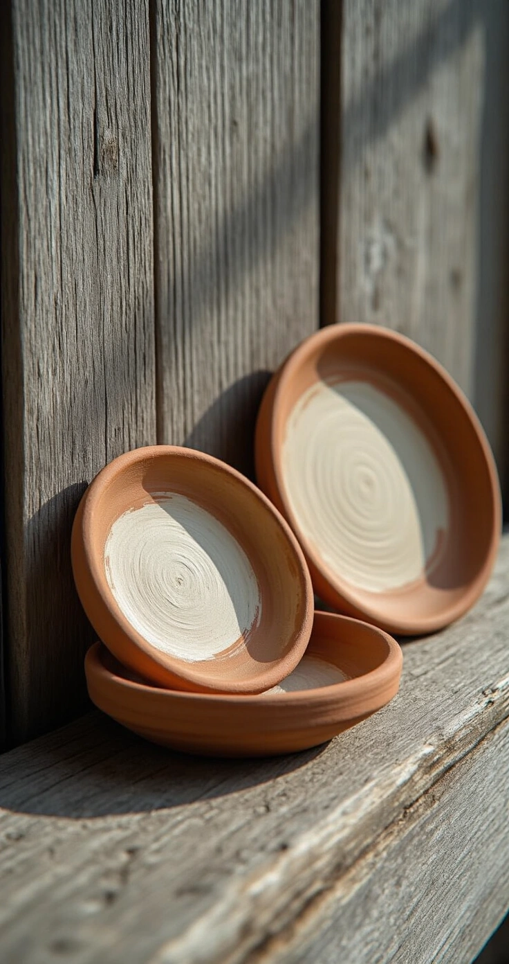 DIY Wanddecoratie Buiten: Maak Prachtige Terracotta Wandborden voor je Tuinmuur (Voor Nog Geen €40) Close-up van drie met de hand geschilderde terracotta tuinschotels tegen een ruwe grijze houten schutting, gefotografeerd in zacht diffuus ochtendlicht. Texturen van de schotels tonen dunne penseelstreken in zandbeige en diep umber, met zichtbare nerfstructuren. Een kleine luchtgedroogde klei-medaille is bevestigd aan de grootste schotel met contactlijm, geschilderd in matte witte kleur. Achtergrond toont onscherpe, zilver-grijze vergrijsde houten fenceplanken. Sfeer is tactiel, langzaam en mediterraan ambachtelijk.