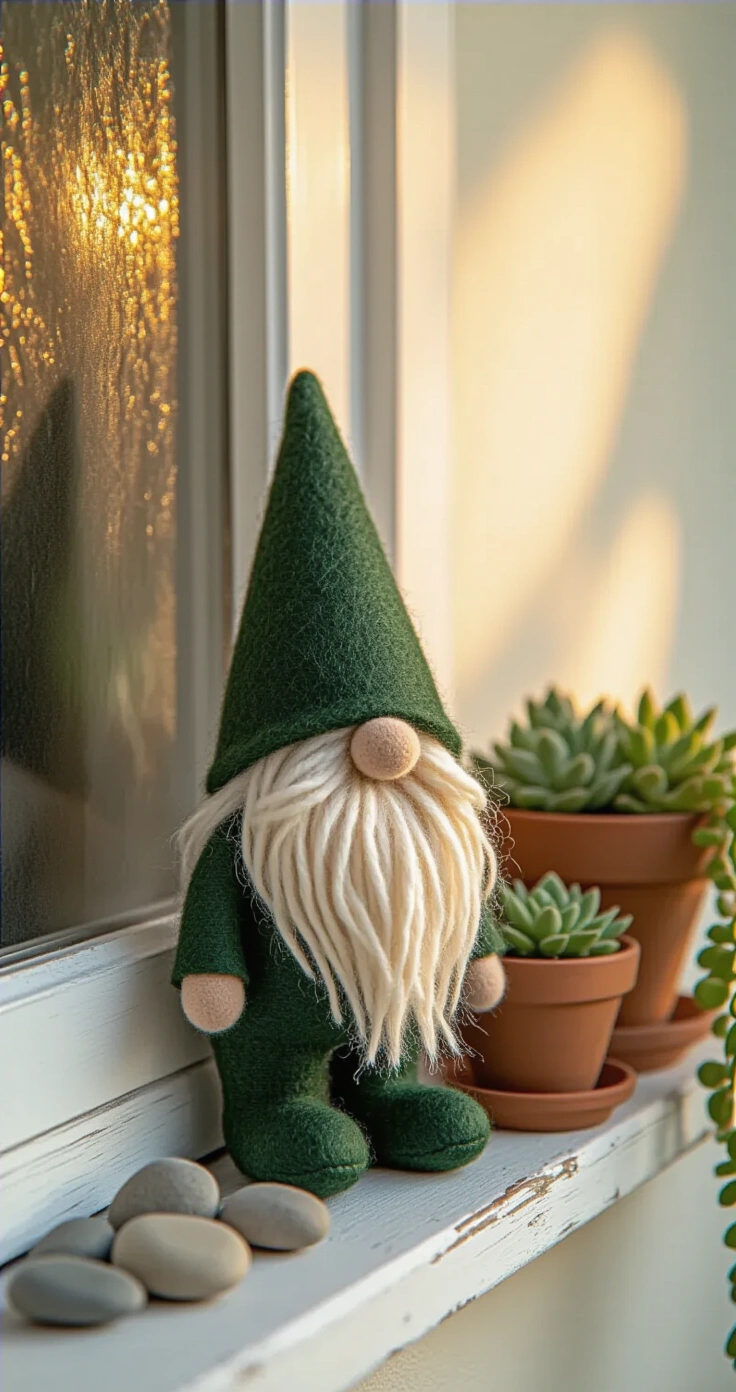 DIY Tuinkabouters Maken: De Beste Projecten voor een Fotogenieke Tuin A charming handmade sock gnome with a forest green hat and white beard stands on a weathered white-painted windowsill in a sunlit Dutch garden corner. The scene is bathed in warm amber light from a frosted glass window, with trailing succulents in terracotta pots and smooth grey pebbles surrounding the gnome. The softly blurred creamy white wall in the background adds a cozy, whimsical atmosphere.