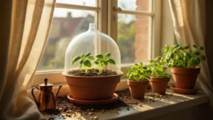 DIY Mini Kas: Zo Maak Je De Mooiste Groene Hoek In Huis (Voor Bijna Niks) Close-up van een zonovergoten vensterbank in een Nederlandse appartement met een handgemaakte PET-fles kas over een terracottapot met verse basilicum zaailingen, omringd door kleipotjes met munt en microgroenten. Zachte schaduwen doorlinnen gordijnen in warme ochtendlicht, met een vintage koperen plantenspuit en heritage zaden op een verweerd witgewash pine oppervlak.