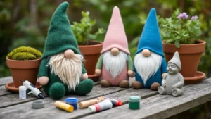 DIY Tuinkabouters Maken: De Beste Projecten voor een Fotogenieke Tuin Handgemaakte Nederlandse tuinkabouters in een flat lay op een vergrijsde houten tuintafel. Een sokkabouter met een diep bosgroen vilten hoed en een fluffy witte baard, naast terracotta potkabouters in blushroze, saliegroen en kobaltblauw met witte baarden en houten neusjes. Een kleine betonnen kabouter met mosachtig uiterlijk ligt ernaast. Verspreid zijn acrylverf tubes, een speelgoedlijmpistool, polyfill vulling en gedroogde lavendel takken. Warme gouden uurlamplicht filtert door het bladerdak.