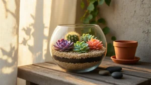 DIY Terrarium Buiten: Zo Maak Je Een Prachtige Mini-Tuin in Glas voor je Balkon of Terras Close-up van een glazen terrarium op een verweerd teak balkon, gevuld met champagnekleurig grind, cactusgrond en drie compacte echeveria-succulenten in paarse, mintgroene en koraaltinten. Zacht gouden-uur licht filtert door sheer linnen gordijnen. zwarte lavastenen en gladde rivierkeien accentueren de compositie. Terracotta pot en keramisch espresso kopje in de achtergrond. Textuur van een betonwand met schaduwen van klimplanten. Shallow depth of field, Scandinavische stijl, neutraal palet van warm wit, leisteengrijs en botanisch groen.