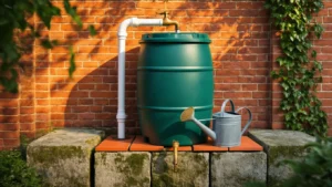 Zelf een Regenwateropvang Maken: Zo Doe Je Het Slim en Goedkoop Cinematic close-up of a mossy-green rain barrel on concrete blocks, beside a classic Dutch brick wall, with warm sunlight casting shadows, featuring a white PVC downpipe, brass tap, and climbing ivy, against a lush garden background.