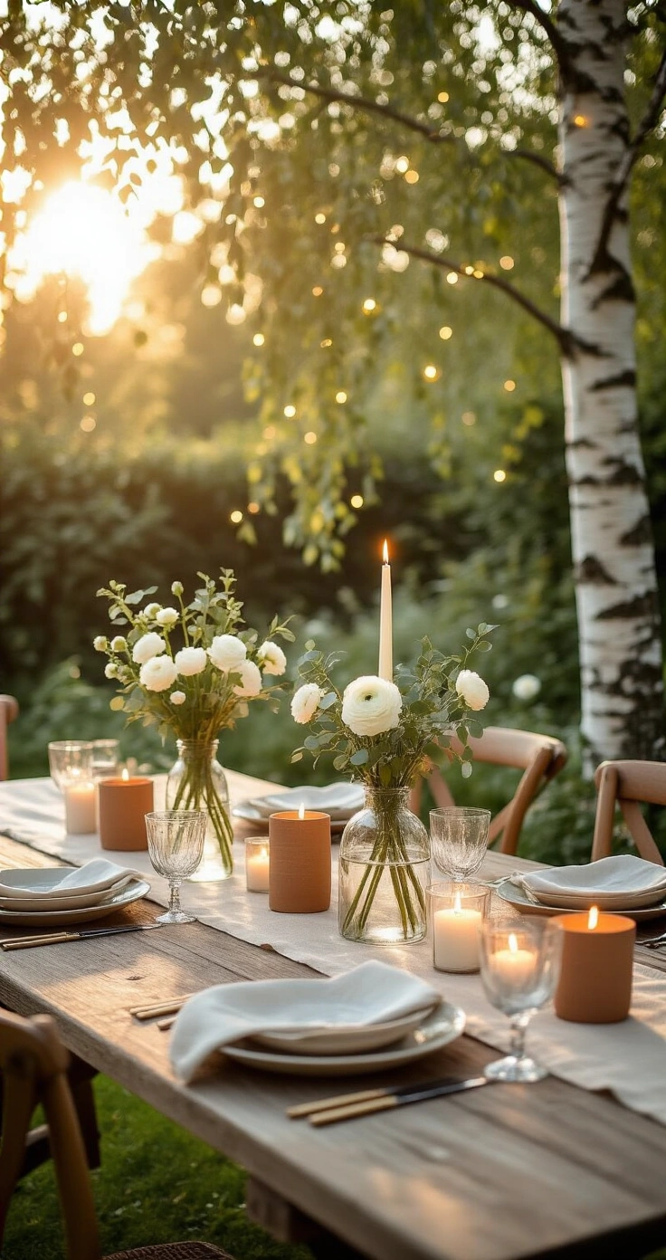 DIY Buitenfeest Styling: Zo Maak Je Een Sfeervolle Garden Party Voor Minder Dan €150 A sunlit Dutch garden party setup featuring a weathered oak dining table with a linen runner, mismatched glass bud vases with white ranunculus and eucalyptus, terracotta candles in vintage jars, and fairy lights draping from a birch tree, captured during golden hour.