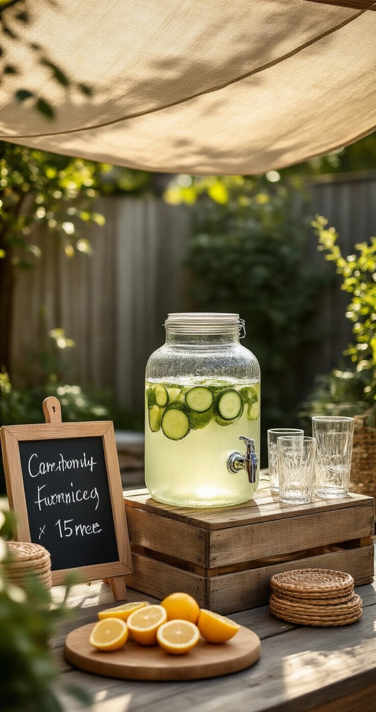 DIY Buitenfeest Styling: Zo Maak Je Een Sfeervolle Garden Party Voor Minder Dan €150 Medium-wide photorealistic view of a rustic DIY drinks bar station in a Dutch backyard patio, featuring a reclaimed pine crate bar counter, a glass beverage dispenser with cucumber-mint water, stacked rattan coasters, a handwritten chalkboard sign, sliced citrus on an oak serving board, and clustered glass tumblers, bathed in warm, soft afternoon light.
