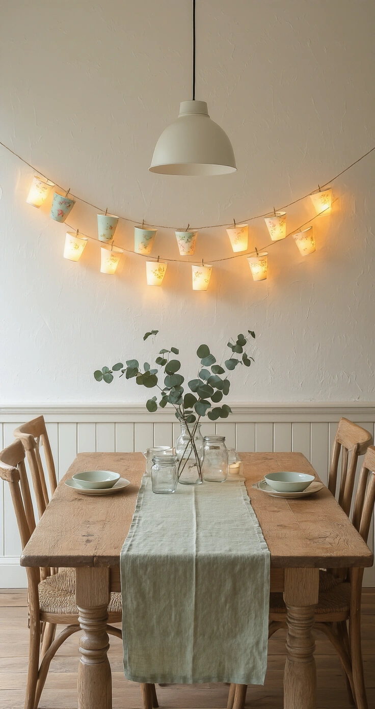 DIY Feestverlichting: Zo Maak Je Jouw Huis Pinterest-Waardig Met Zelfgemaakte Lichtslingers A cozy Dutch dining room with a weathered oak table set for four, adorned with a pastel garland of cardboard cups glowing softly. Dried eucalyptus stems in mismatched glass jars add a rustic touch, while warm white LED lights create a serene ambiance. The textured white-plastered walls and unlit pendant lamp enhance the intimate atmosphere, captured in warm amber and dusty sage tones.