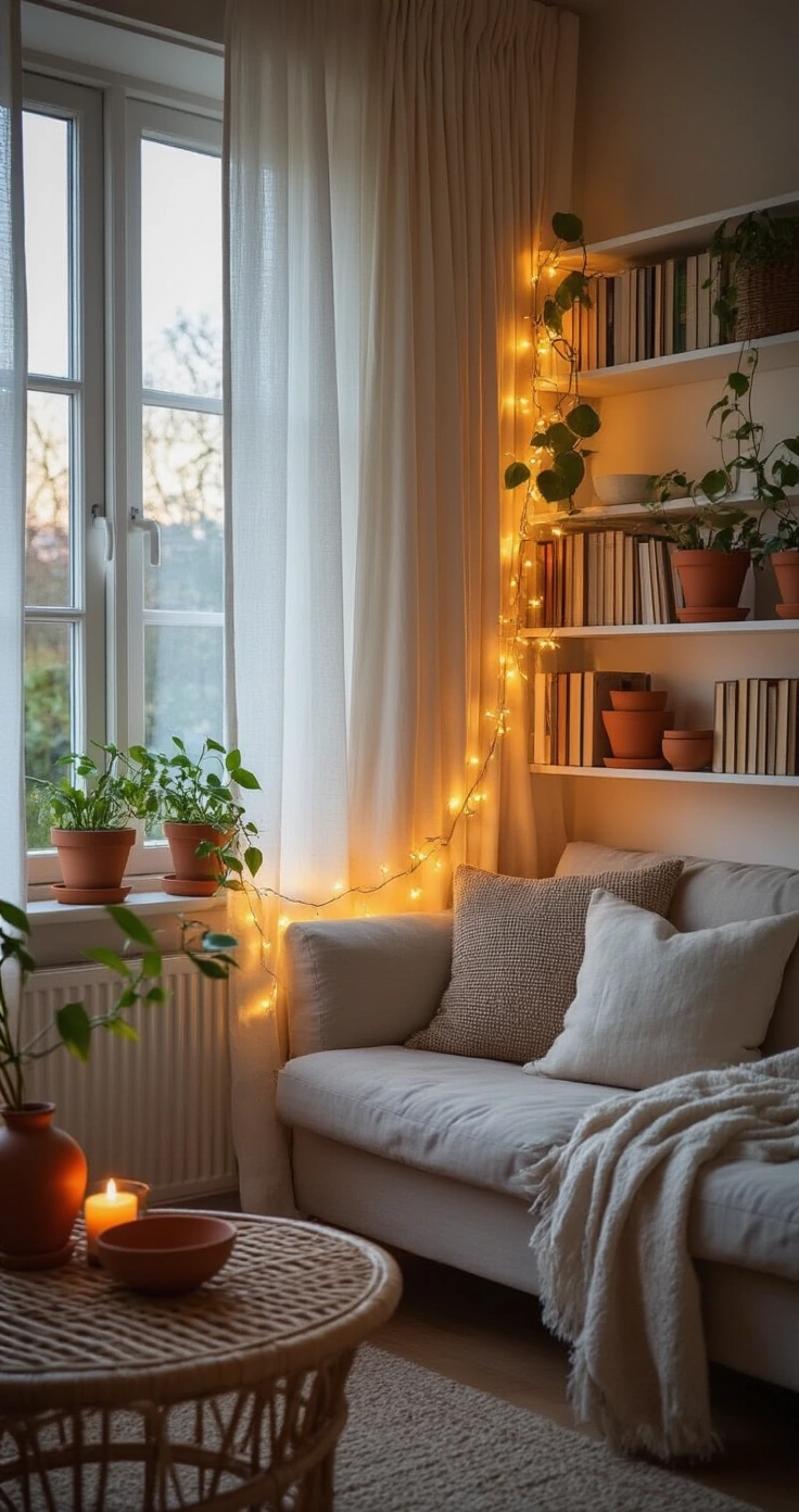 DIY Feestverlichting: Zo Maak Je Jouw Huis Pinterest-Waardig Met Zelfgemaakte Lichtslingers A cozy Dutch living room corner with a white floating bookshelf adorned with linen-spined books and terracotta pots filled with trailing pothos, illuminated by a handmade LED fairy light garland. The scene is captured at dusk, featuring a rattan side table and a low arrangement of candles, all bathed in warm white light and surrounded by a soothing color palette of terracotta, dusty cream, sage green, and natural rattan.