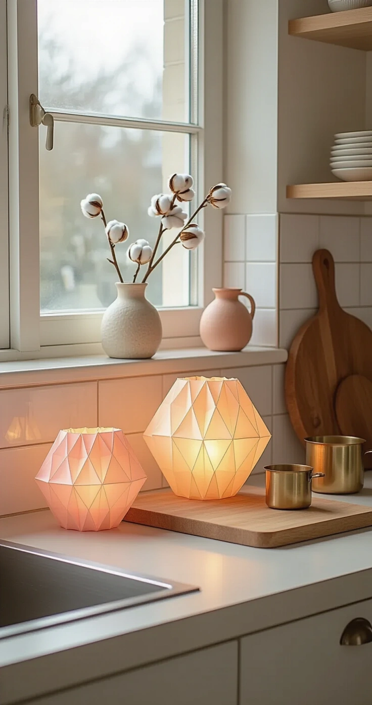 DIY Feestverlichting: Zo Maak Je Jouw Huis Pinterest-Waardig Met Zelfgemaakte Lichtslingers A Dutch kitchen counter scene featuring a serene mid-morning setup with soft natural light from a frosted window, blush pink and warm peach origami paper lanterns along a white tiled backsplash, graduated size origami boxes, a wooden chopping board, a small ceramic vase with dried cotton stems, and a brass measuring cup, all exuding artisanal warmth.