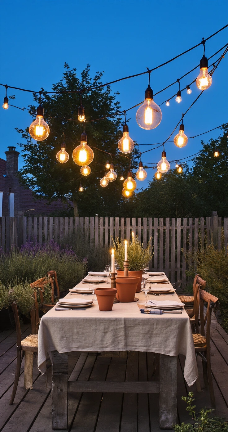 DIY Feestverlichting: Zo Maak Je Jouw Huis Pinterest-Waardig Met Zelfgemaakte Lichtslingers A Dutch garden terrace at blue hour, featuring a weathered teak table for six, illuminated by warm amber light from an overhead prikkabel of Edison bulbs. Mismatched terracotta pots hold rosemary and lavender, and a natural ecru tablecloth anchors three varied-height church candles. Smaller fairy lights adorn the garden fence, all set against a deep cobalt sky.