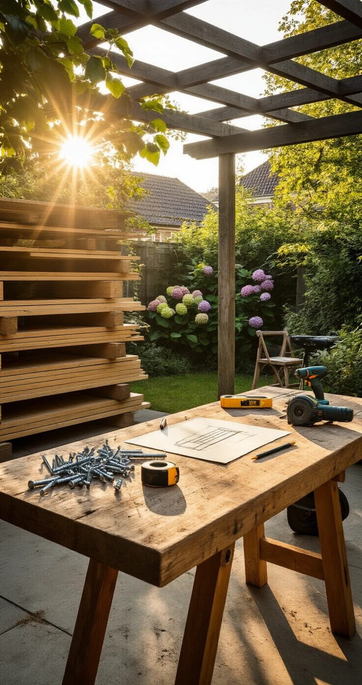Zelf een Tuinbank Maken: Zo Bouw Je de Perfecte Zitplek voor Je Tuin A sunlit Dutch backyard workshop featuring a rustic workbench with scattered tools, raw scaffold planks, and a lush garden backdrop with hydrangeas, captured at golden hour.