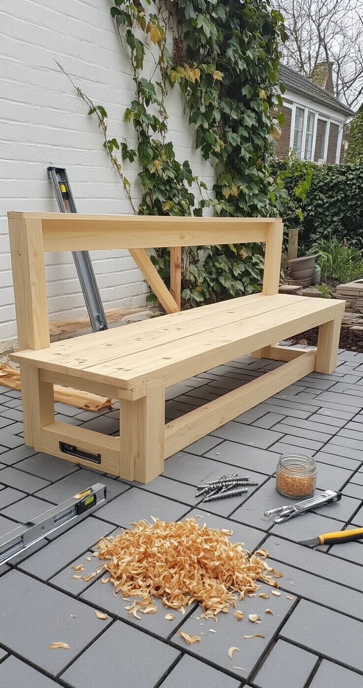 Zelf een Tuinbank Maken: Zo Bouw Je de Perfecte Zitplek voor Je Tuin Een breedhoek binnenaanzicht van een Nederlandse achtertuin met een gedeeltelijk geassembleerd houten bankframe van natuurlijk dennenhout, geplaatst op grijze herringbone tegels. Zacht diffuus licht van een bewolkte lucht verlicht de scene, met een diagonaal geplaatste roestvrijstalen waterpas en houtkrullen in warme amberkleuren. Gereedschappen zoals een zilveren boormachine en roestvrije schroeven in een open pot zijn netjes gerangschikt. Op de achtergrond is een witgepleisterde tuinmuur met klimop zichtbaar, met een kleurenpalet van warme houttonen, koel grijssteen en diep bosgroen.