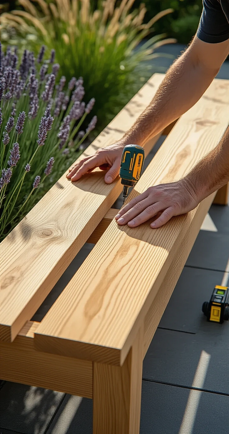 Zelf een Tuinbank Maken: Zo Bouw Je de Perfecte Zitplek voor Je Tuin Close-up of hands assembling horizontal wooden seat planks onto a sturdy steigerhout bench frame in a Dutch garden, with diffused late morning light highlighting the wood grain. Precise gaps between the planks, a hovering cordless screwdriver, aged anthracite-grey tiled terrace with moss, and surrounding silver-leaved lavender and ornamental grasses captured from a 90-degree overhead angle.