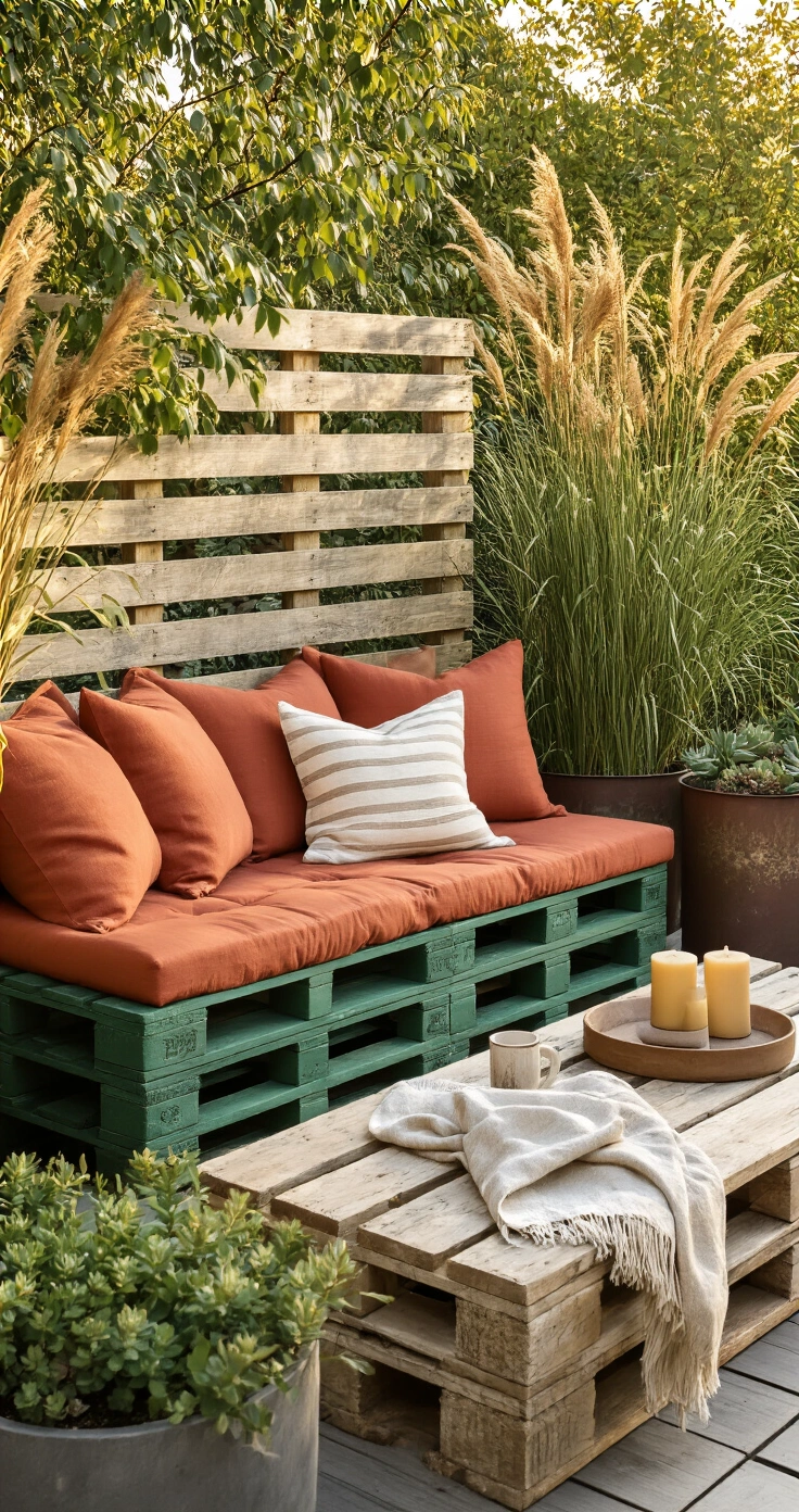 Zelf een Tuinbank Maken: Zo Bouw Je de Perfecte Zitplek voor Je Tuin A cozy rustic Dutch garden terrace features a painted pallet lounge bench adorned with oversized terracotta and cream cushions, a weathered concrete side table with a coffee mug and candles, surrounded by ornamental grasses and succulent planters, all bathed in warm late afternoon light.