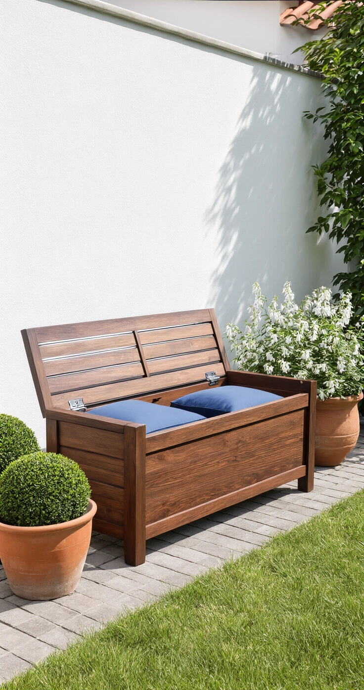 Zelf een Tuinbank Maken: Zo Bouw Je de Perfecte Zitplek voor Je Tuin A photorealistic Dutch garden featuring a dark walnut wooden storage bench with an open hinged lid revealing blue and sand cushions, set against a white wall, surrounded by terracotta planters with boxwood balls and trailing lobelia, captured in bright midday light.