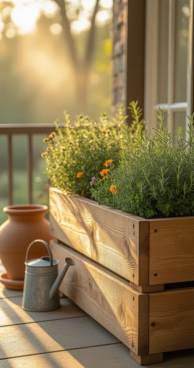 DIY Houten Plantenbak: Zo Bouw, Style en Fotografeer Je Jouw Droomproject in Één Middag Een zonovergoten Nederlandse balkon met een rustieke steigerhout plantenbak vol met rozemarijn, tijm en slingerende nasturtiums, gefotografeerd tijdens het gouden uur. De ochtendnevel verzacht het licht en creëert zachte schaduwen op de ruwe planken. Een verweerde terracotta pot en een kleine gegalvaniseerde gieter flankeren de plantenbak op vergrijsde betontegels. Warme honingtinten, saliegroen en stoffige terracotta tegen een witgewassen muur.