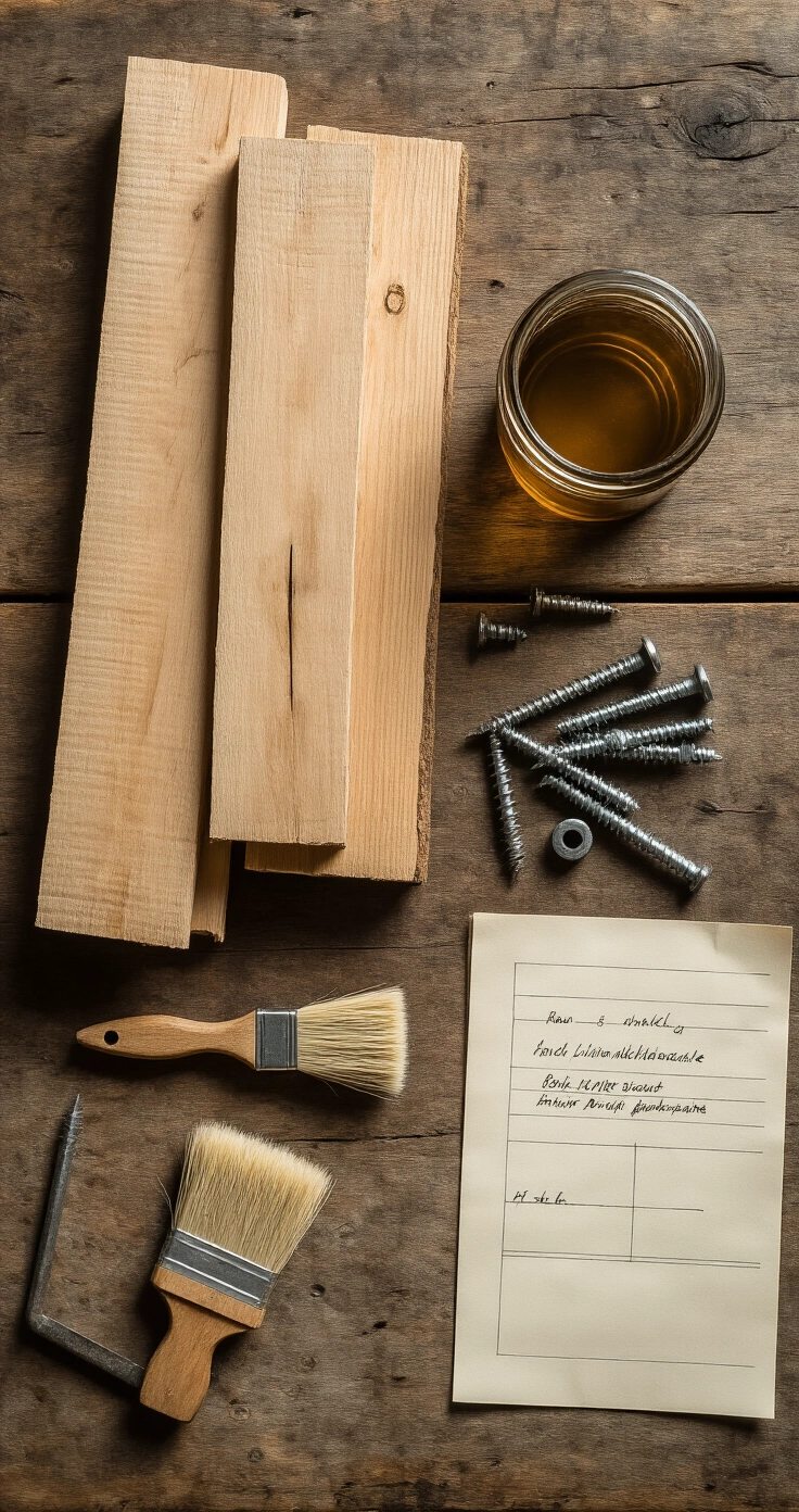 DIY Houten Plantenbak: Zo Bouw, Style en Fotografeer Je Jouw Droomproject in Één Middag Bovenaanzicht van een versleten eikenwerkbank met versgezaagde douglashout planken, een vintage houten winkelhaak, organisch verspreide RVS schroeven, opgevouwen schuurpapier, een pot amber lijnzaadolie met een natuurvachtkwast, en een handgeschreven maatschets op crème ruitjespapier.