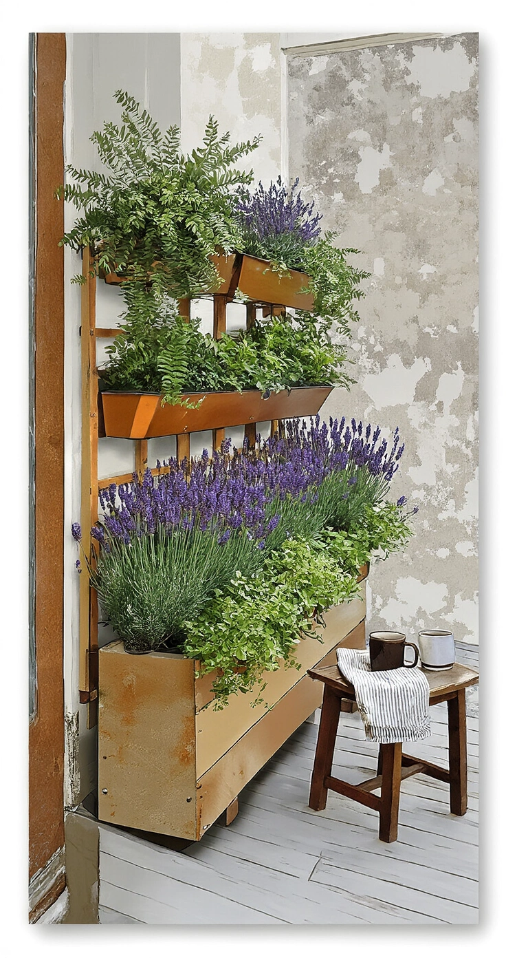 DIY Houten Plantenbak: Zo Bouw, Style en Fotografeer Je Jouw Droomproject in Één Middag Compact balkon in Amsterdam met een douglashouten plantenbak, opgedragen aan een rustgevende sfeer. Planten met siergras, lavendel en vinca, naast een houten krukje met een theedoek en witte mok. Achtergrond met een verweerd houten schutting bedekt met klimop, op een zachte bewolkte dag. Kleurenschema: platinum grijs, diep saliegroen, stoffige paars, warm amber.