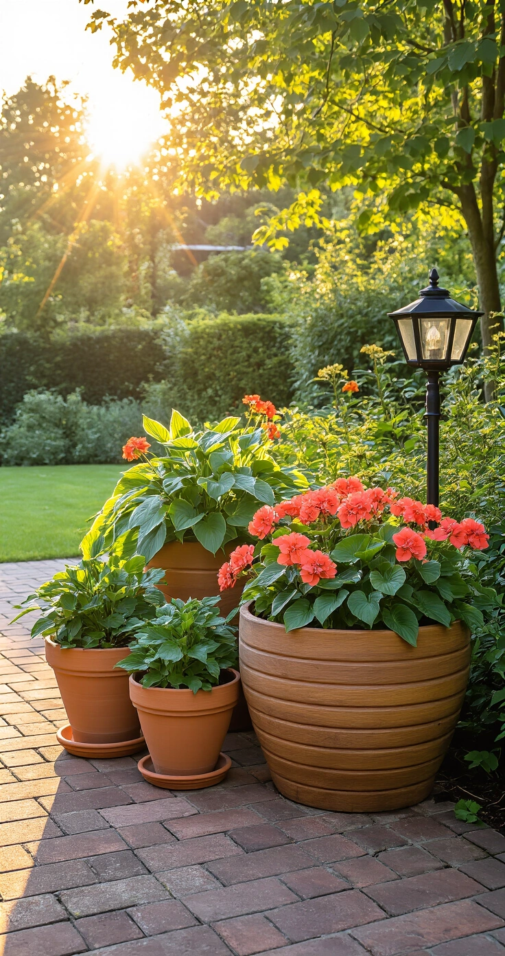 DIY Houten Plantenbak: Zo Bouw, Style en Fotografeer Je Jouw Droomproject in Één Middag A sunlit Dutch garden corner during golden hour featuring a large eiken plantenbak on reclaimed brick pavers, surrounded by terracotta pots with hostas and geraniums, and a black metal kaarshouder, all under a dappled tree canopy.