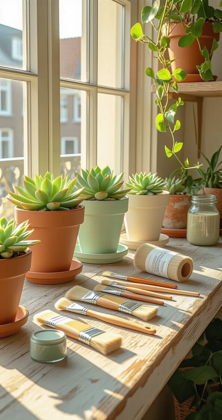 DIY Potten Schilderen: De Complete Gids voor Sfeervolle Bloempotten die Elke Ruimte Transformeren Een zonovergoten balkon van een Nederlands appartement met terracotta potten in mintgroen, roomwit en warm terracotta, omringd door schildermaterialen in zachte ochtendlicht.