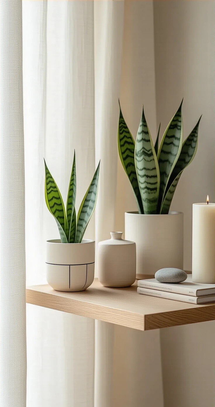 DIY Potten Schilderen: De Complete Gids voor Sfeervolle Bloempotten die Elke Ruimte Transformeren Minimalistische Scandinavische woonkamer met een bleken eiken zwevend plank, drie keramische potten, een sansevieria en decoratieve accessoires in zachte namiddagverlichting.