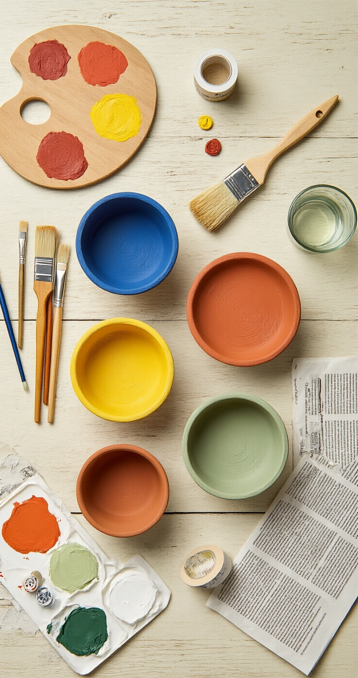 DIY Potten Schilderen: De Complete Gids voor Sfeervolle Bloempotten die Elke Ruimte Transformeren Een bovenaanzicht van een DIY potverf werkruimte op een licht dennenhouten keukentafel met vijf terracotta potten in verschillende afwerkingsstadia, omringd door verf, kwasten en knutselmaterialen, verlicht door natuurlijk daglicht.