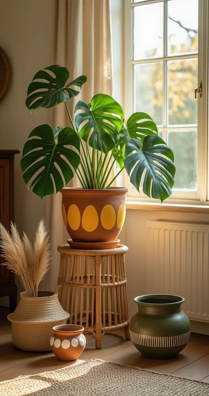 DIY Potten Schilderen: De Complete Gids voor Sfeervolle Bloempotten die Elke Ruimte Transformeren Een warme Boheemse slaapkamer vignet met een hoge rotan plantenstandaard en een grote terracotta pot, beschilderd met ochre gele halve cirkels. De pot overloopt van een dramatische monstera plant met diep gespleten bladeren. Naast de planten staan twee kleinere handgeschilderde potten en een los geweven jute mand met een stapel gedroogde pampasgrassen en drie takken gedroogde protea bloemen. Een rustkleurige linnen deken ligt zachtjes op de vloer, gefotografeerd in warm, golden licht met diepe schaduwen voor dramatische diepte.