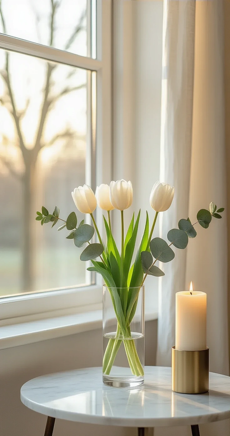 DIY Bloemenarrangementen: Zo Maak Je Pinterest-Waardige Home Decor (Zonder Florist te Zijn) A Dutch living room corner bathed in golden hour light, featuring a marble-topped side table with a glass vase of tulips and eucalyptus, against a textured warm white wall, with muted colors and soft shadows.