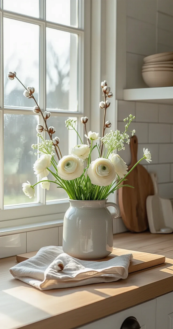 DIY Bloemenarrangementen: Zo Maak Je Pinterest-Waardige Home Decor (Zonder Florist te Zijn) A Scandinavian-styled Dutch kitchen countertop scene featuring a pale grey ceramic pot with white ranunculus and cream-colored freesia, accompanied by dried cotton stems, a small wooden cutting board, and a folded oatmeal-toned linen napkin, all illuminated by soft morning light.