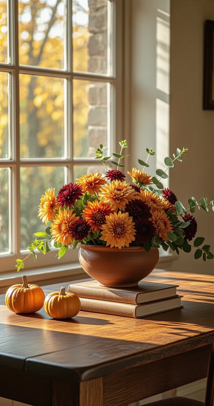 DIY Bloemenarrangementen: Zo Maak Je Pinterest-Waardige Home Decor (Zonder Florist te Zijn) A beautifully styled Dutch dining table vignette featuring a dark oak surface illuminated by warm late afternoon light, showcasing a wide terracotta bowl filled with rust-orange chrysanthemums, deep burgundy dahlias, and mustard-yellow billy buttons, accompanied by trailing eucalyptus branches and two small terracotta pumpkins, with a worn leather-bound book and a wooden slice riser enhancing the warm, moody atmosphere.
