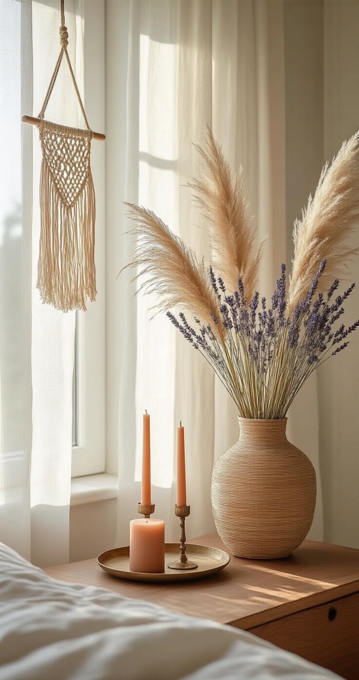 DIY Bloemenarrangementen: Zo Maak Je Pinterest-Waardige Home Decor (Zonder Florist te Zijn) A cozy boho-styled Dutch bedroom corner featuring a rattan vase with pampas grass, lavender, ivory lunaria, and blush dried roses on a mid-century teak dresser, illuminated by soft afternoon light through sheer linen curtains. A small macrame wall hanging and a vintage brass tray with taper candles add warmth to the scene.