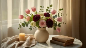 DIY Bloemenarrangementen: Zo Maak Je Pinterest-Waardige Home Decor (Zonder Florist te Zijn) Close-up of a handcrafted floral arrangement with blush pink tulips, deep burgundy dahlias, and ivory ranunculus in a matte cream ceramic vase on a marble side table, accompanied by an oatmeal linen cloth, a beeswax taper candle, and a worn hardcover book, illuminated by warm afternoon light.