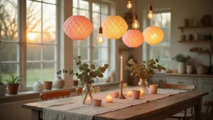 DIY Feestverlichting: Zo Maak Je Jouw Huis Pinterest-Waardig Met Zelfgemaakte Lichtslingers Cinematic Dutch interior featuring handmade LED string lights, pastel cardboard cup shades, and origami lanterns illuminating a rustic dining table with dried eucalyptus, soft linen, and Edison bulbs, all enveloped in warm amber light.
