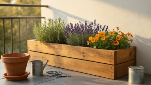 DIY Houten Plantenbak: Zo Bouw, Style en Fotografeer Je Jouw Droomproject in Één Middag Rustic Dutch balcony scene at golden hour featuring a handcrafted steigerhout planter filled with rosemary, lavender, and nasturtiums, surrounded by warm honey-toned wood and aged terracotta elements, creating a cozy DIY atmosphere.