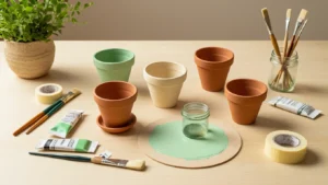DIY Potten Schilderen: De Complete Gids voor Sfeervolle Bloempotten die Elke Ruimte Transformeren Cinematische flat lay van een DIY pot schilderwerkplaats op een lichtdennenhouten tafel, met vijf terracotta potten in verschillende fasen, mintgroen en crème, omringd door acrylverf, kwasten, schilderstape en een klein glazen potje met troebel water. Zacht, diffuus licht van links benadrukt matte verftexturen.