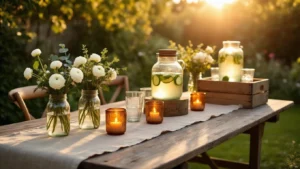 DIY Buitenfeest Styling: Zo Maak Je Een Sfeervolle Garden Party Voor Minder Dan €150 Cinematische breedbeeldopname van een zonovergoten Nederlandse tuinfeestopstelling, met een verweerd eikenhouten dinertafel, glazen potten met witte ranunculus en eucalyptus, terracotta kaarsen, een houten krat als bar met een glazen drankdispenser, en een boho loungehoek met kilim-tapijten en gedroogde botanicals.