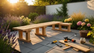 Zelf een Tuinbank Maken: Zo Bouw Je de Perfecte Zitplek voor Je Tuin Cinematische brede opname van een zonovergoten Nederlands tuinterras in het gouden uur, met een handgemaakte steigerhout tuinbank in aanbouw op grijze herringbone tegels, omringd door lavendel, hortensia's en siergrassen.